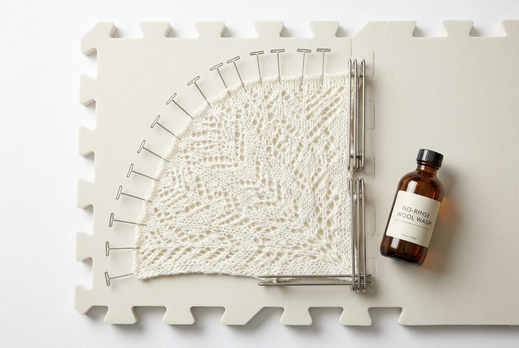 Knitting blocking tools including T-pins, knit blockers, and wool wash arranged on a foam blocking mat beside a blocked white lace swatch