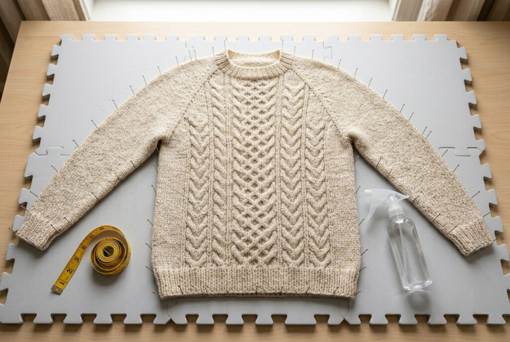 Finished hand-knit pullover sweater pinned out on blocking mats during the blocking and finishing process