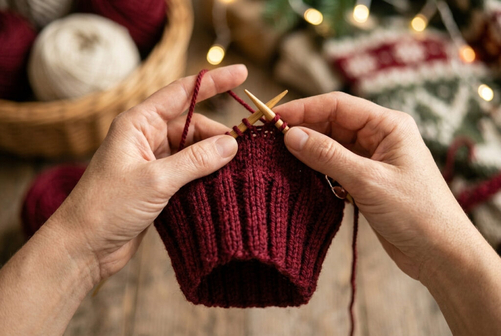 Hands knitting a k2 p2 ribbed cuff in red worsted yarn on circular needles for a Christmas stocking