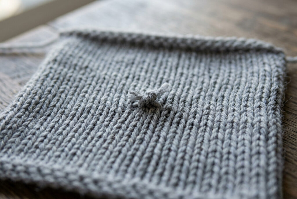 Close-up of a grey knitted swatch showing an uneven yarn join with a visible bump in the stockinette stitch
