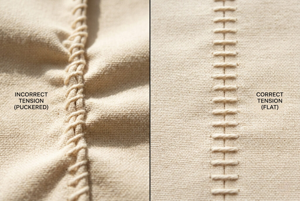 Side-by-side comparison of a puckered incorrect whip stitch seam versus a smooth correct whip stitch seam