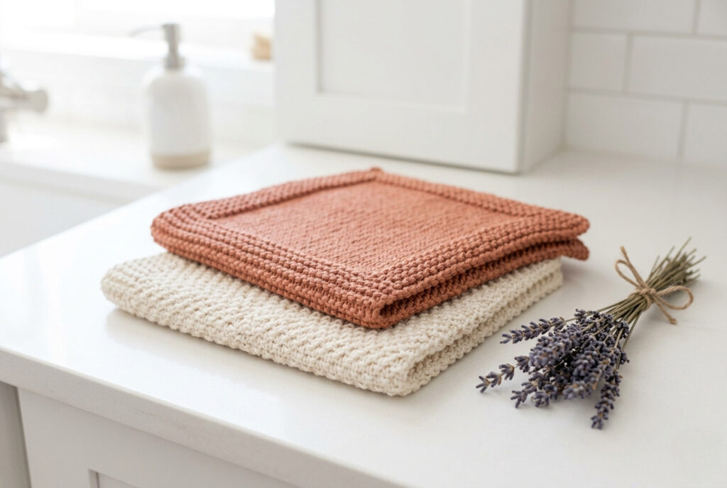 Two handknitted cotton dishcloths in cream and terracotta stacked on a white kitchen counter with dried lavender