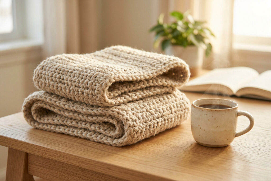 A simple hand-crocheted beginner scarf in oat-colored chunky yarn folded on a wooden surface beside a coffee mug