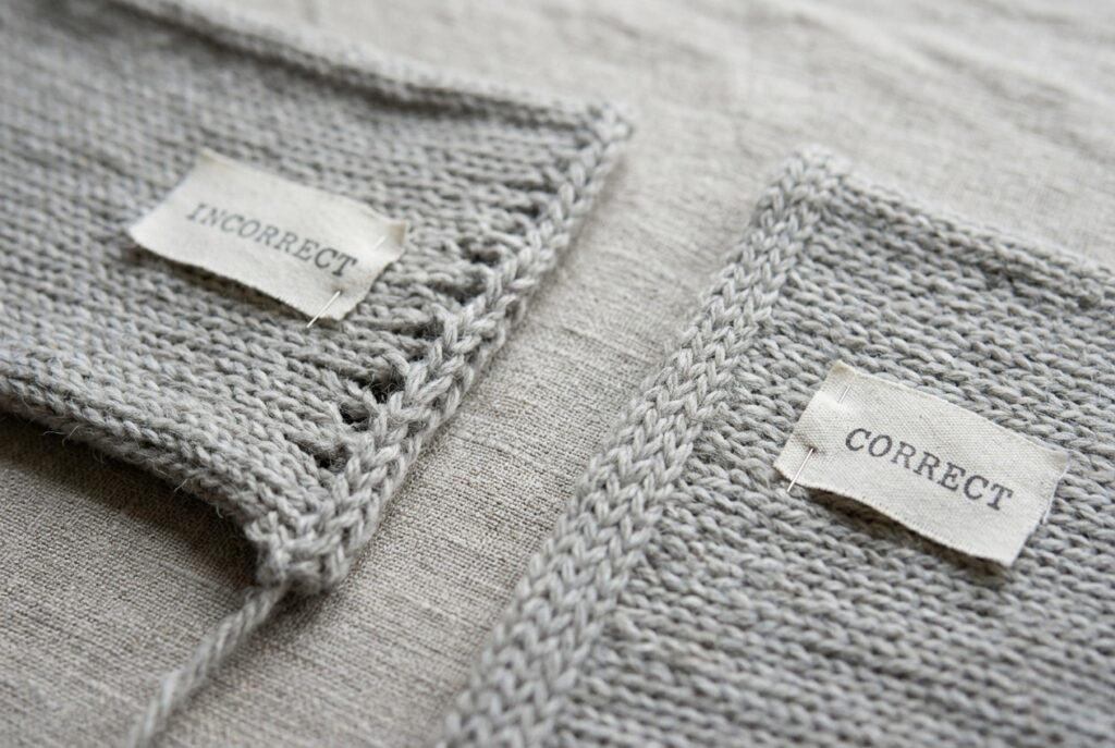Comparison of a puckered incorrect knitting seam versus a smooth correct mattress stitch seam