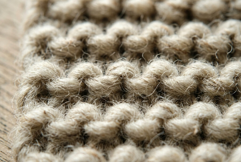 Close-up of garter stitch knitted fabric in chunky oatmeal wool showing horizontal ridges — beginner-friendly knitting stitch for scarves