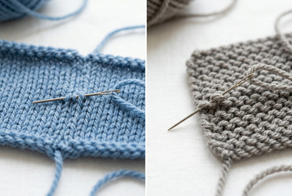 Side-by-side comparison of mattress stitch on stockinette stitch versus garter stitch knitted swatches