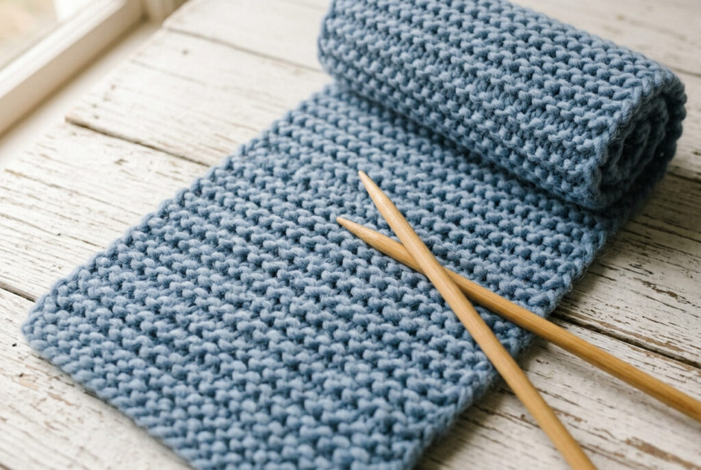 Handknitted garter stitch scarf in chunky dusty blue yarn laid flat on a white wooden surface with knitting needles