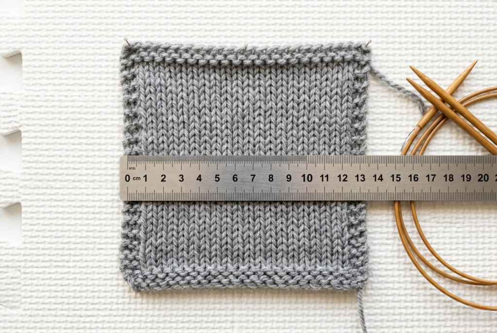 Knitting gauge swatch in grey wool with a ruler measuring stitch count per 10 cm for a pullover sweater