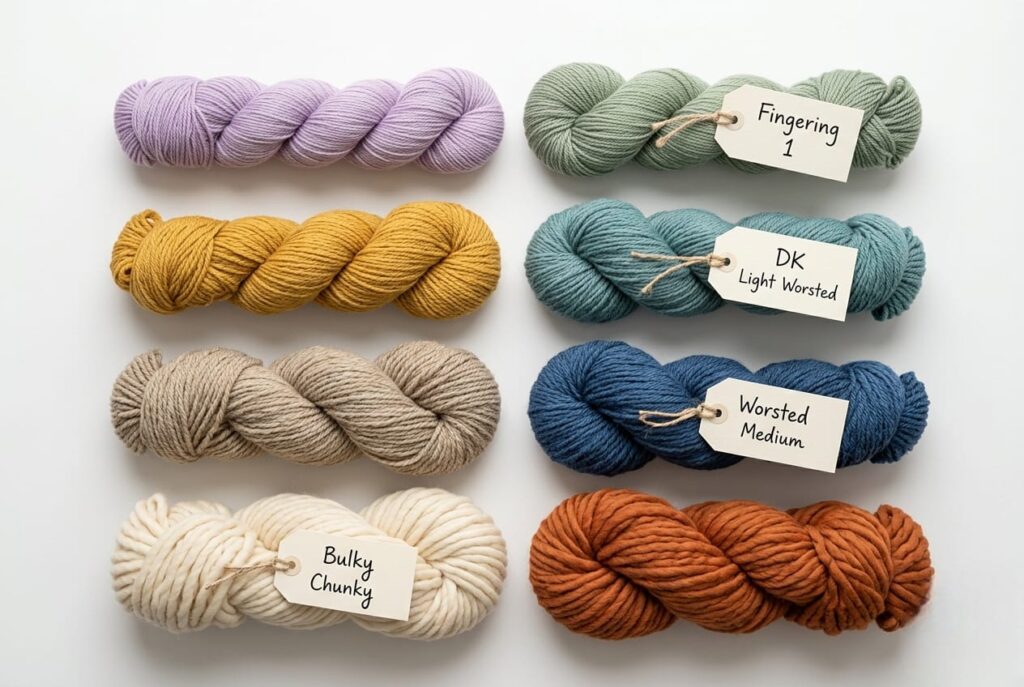 Flat lay of yarn skeins in different weights from fingering to bulky arranged in pairs on a white surface