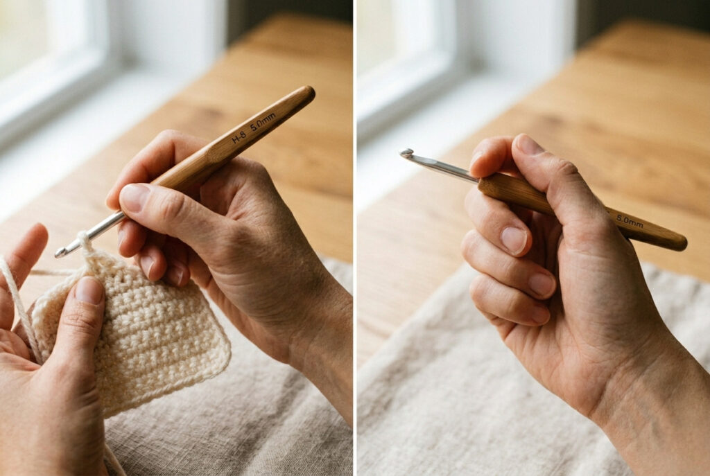 Two ways to hold a crochet hook shown side by side — pencil grip on the left and knife grip on the right