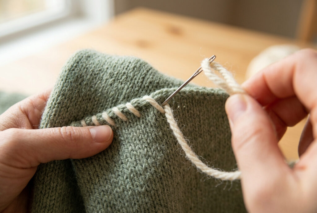 Hand performing a whip stitch with tapestry needle and yarn looping around the edge of knitted fabric