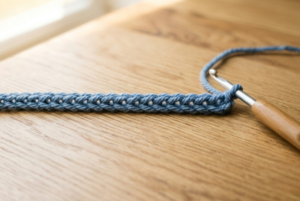 A neatly formed crochet chain stitch in dusty blue yarn laid flat on a wooden surface
