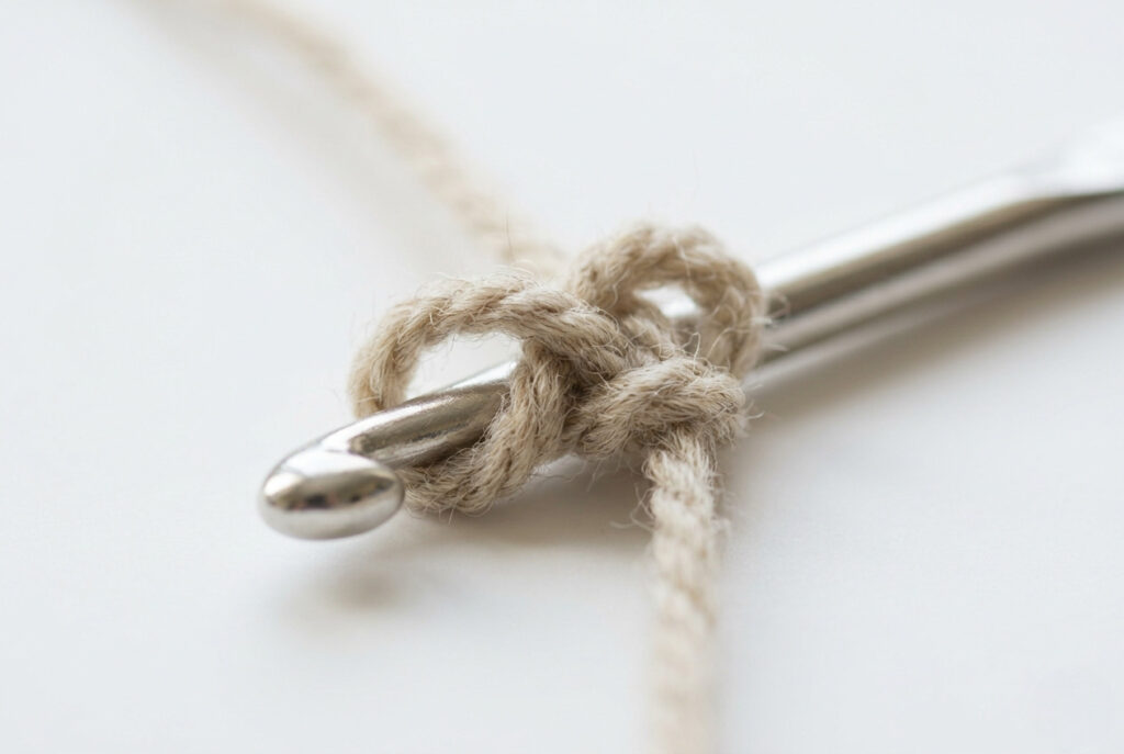 A slip knot made from oatmeal yarn resting on a crochet hook as the starting point for a crochet project
