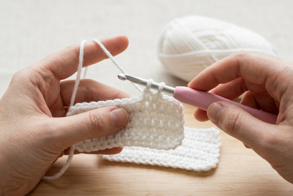 Hands working a single crochet stitch with two loops visible on the hook and completed rows of white yarn below