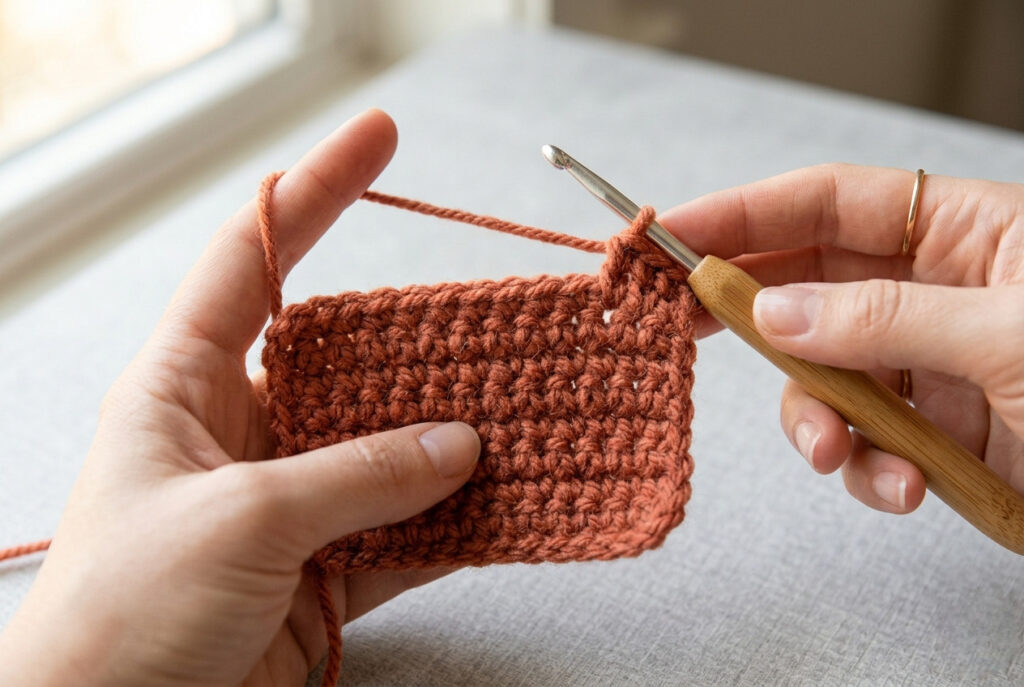 A small crochet swatch in terracotta yarn being turned at the end of a row with a hook inserted into the first stitch