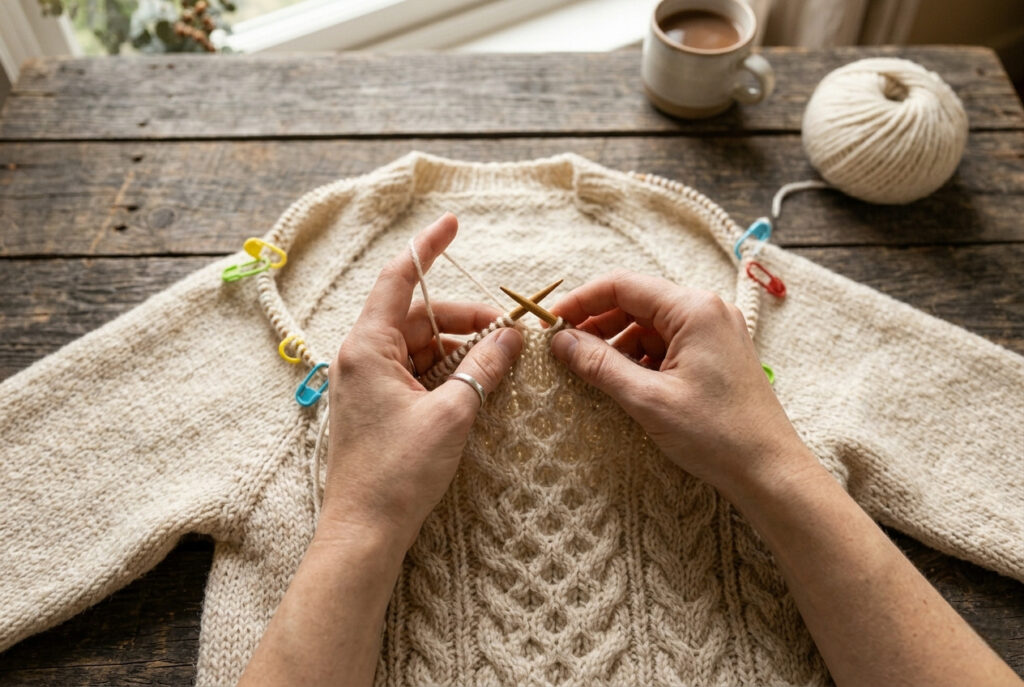 Knitter joining sweater sleeves to the body on circular needles to begin raglan shaping