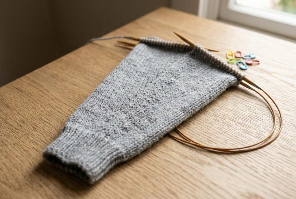 Partially knitted pullover sweater sleeve on circular needles showing sleeve shaping increases