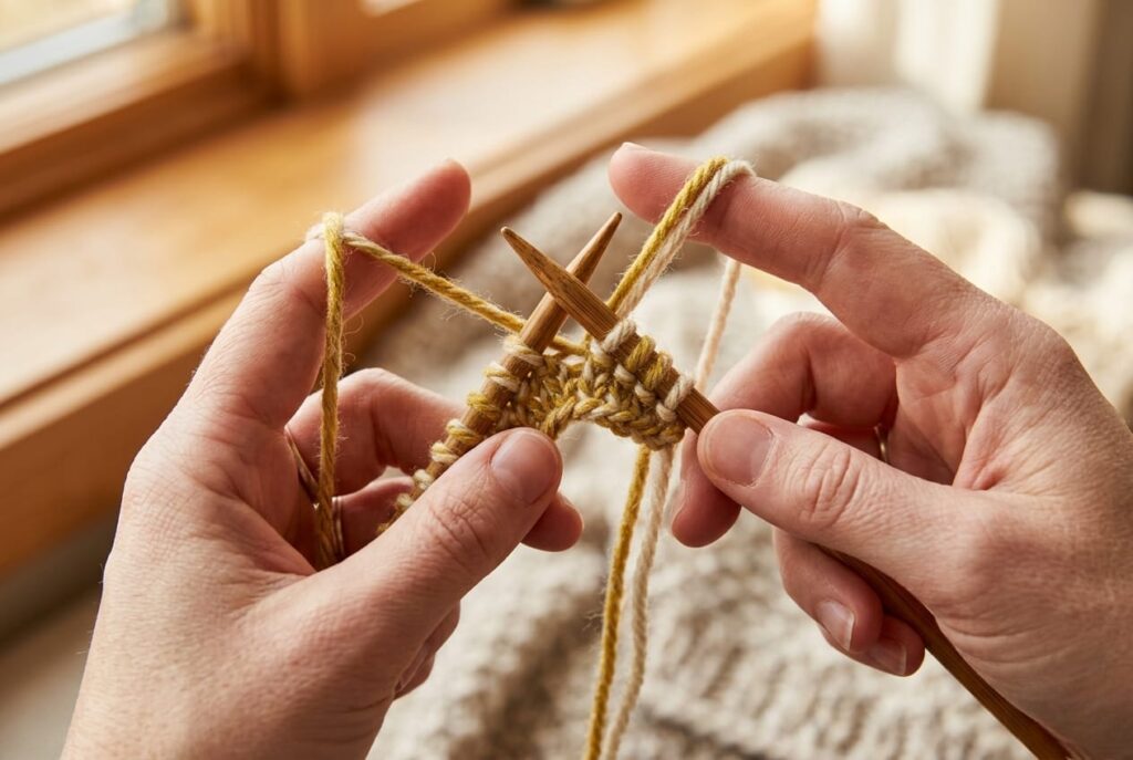Close-up of hands knitting a stitch with two yarn strands held together on a bamboo needle