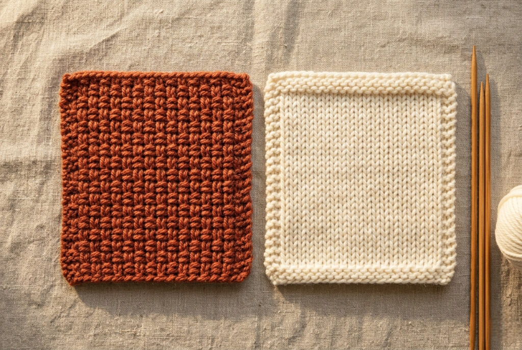 Linen stitch swatch in terracotta and double stockinette swatch in ivory yarn side by side — advanced knitting stitches for scarves