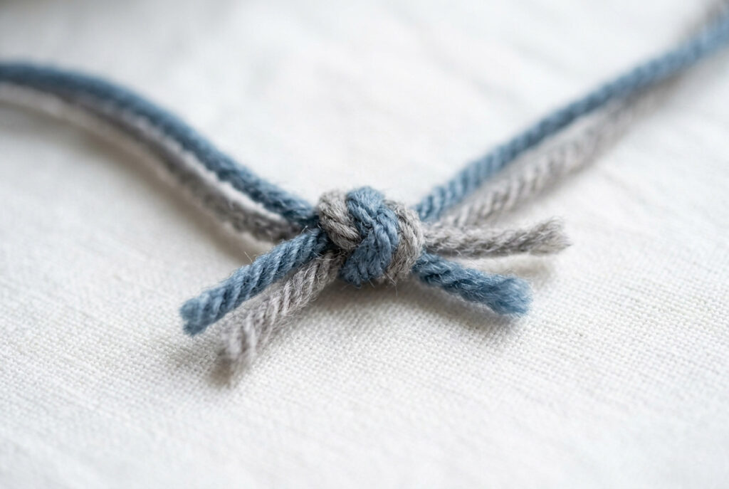 Close-up of a magic knot joining two strands of blue and grey acrylic yarn on a white linen surface