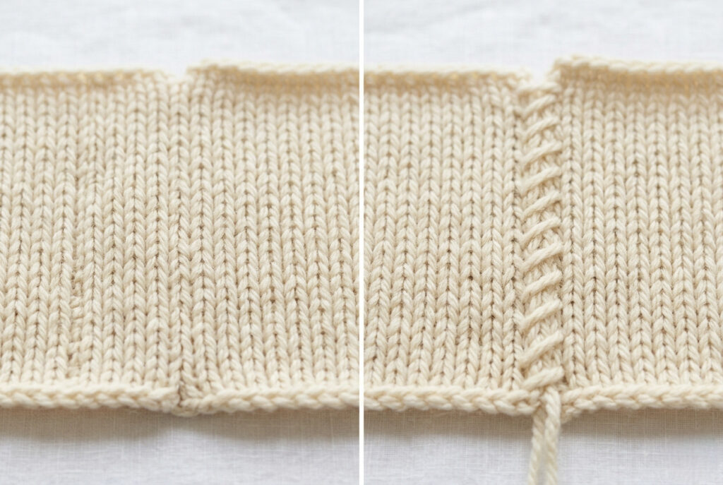Side-by-side comparison of mattress stitch versus whip stitch on knitted fabric showing the difference in seam visibility