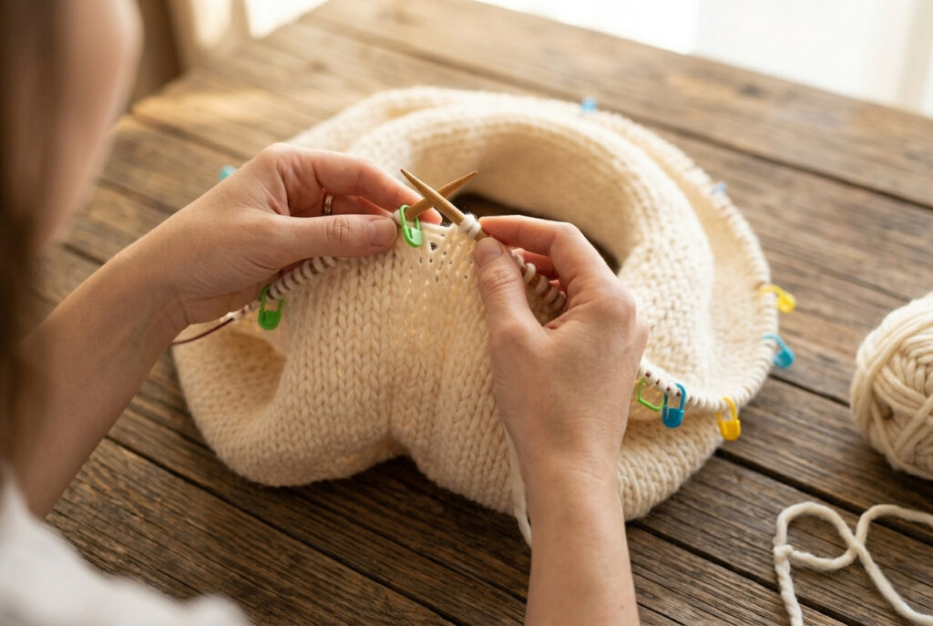 Hands knitting the body of a pullover sweater in the round on circular needles with stitch markers