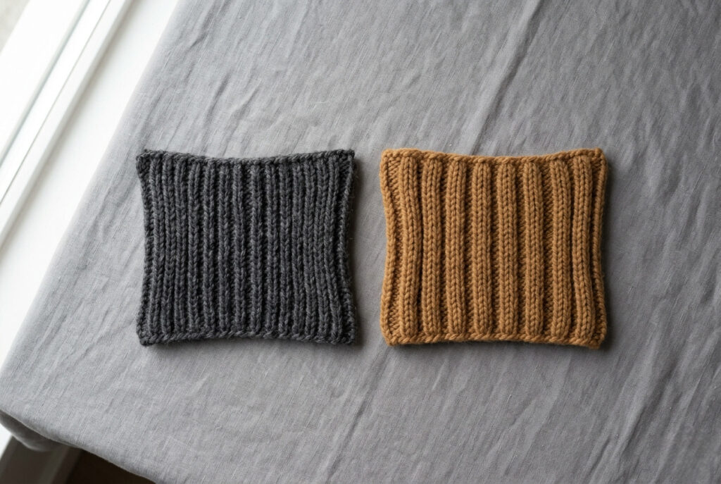 Two ribbed knitting swatches side by side showing 1x1 and 2x2 rib patterns in charcoal and camel yarn — stretchy knitting stitch for scarves