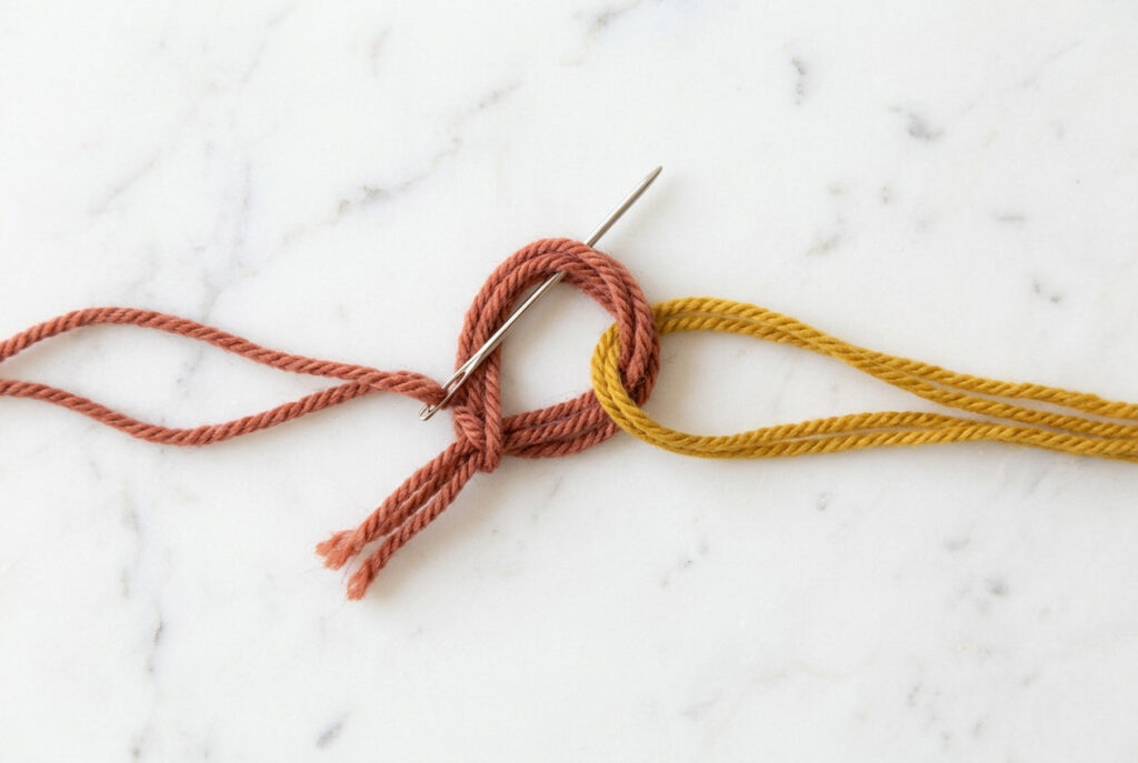 Tapestry needle threading rust-colored plied yarn back through itself to form a Russian join loop on a marble surface