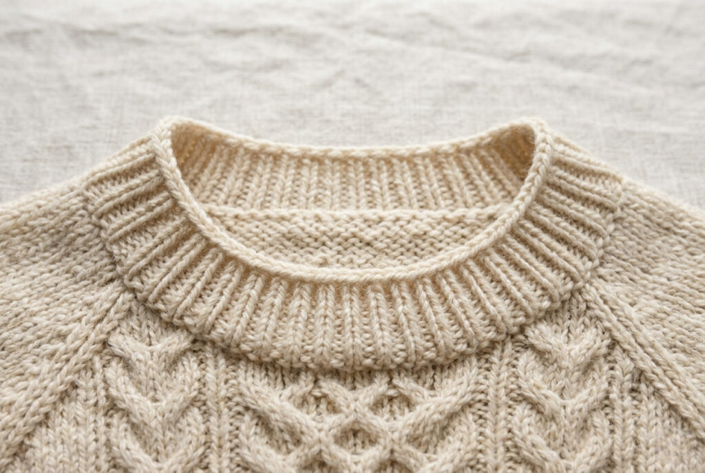 Neatly finished ribbed collar on a hand-knit pullover sweater showing even bind-off edge