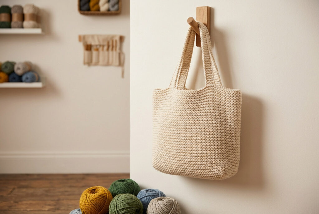 Simple handknitted cream cotton tote bag hanging on a wooden wall hook with yarn balls below