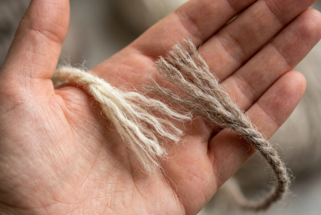 Two ends of natural wool yarn with frayed fibers overlapping on a palm, ready to be spit spliced together