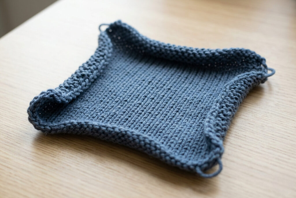 Stockinette knitted swatch in slate blue yarn showing natural curling edges — important caveat for using stockinette stitch in scarves