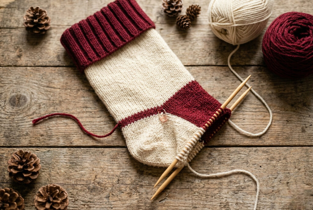 Partially knitted Christmas stocking showing ribbed cuff, stockinette leg, and heel sections in progress on circular needles