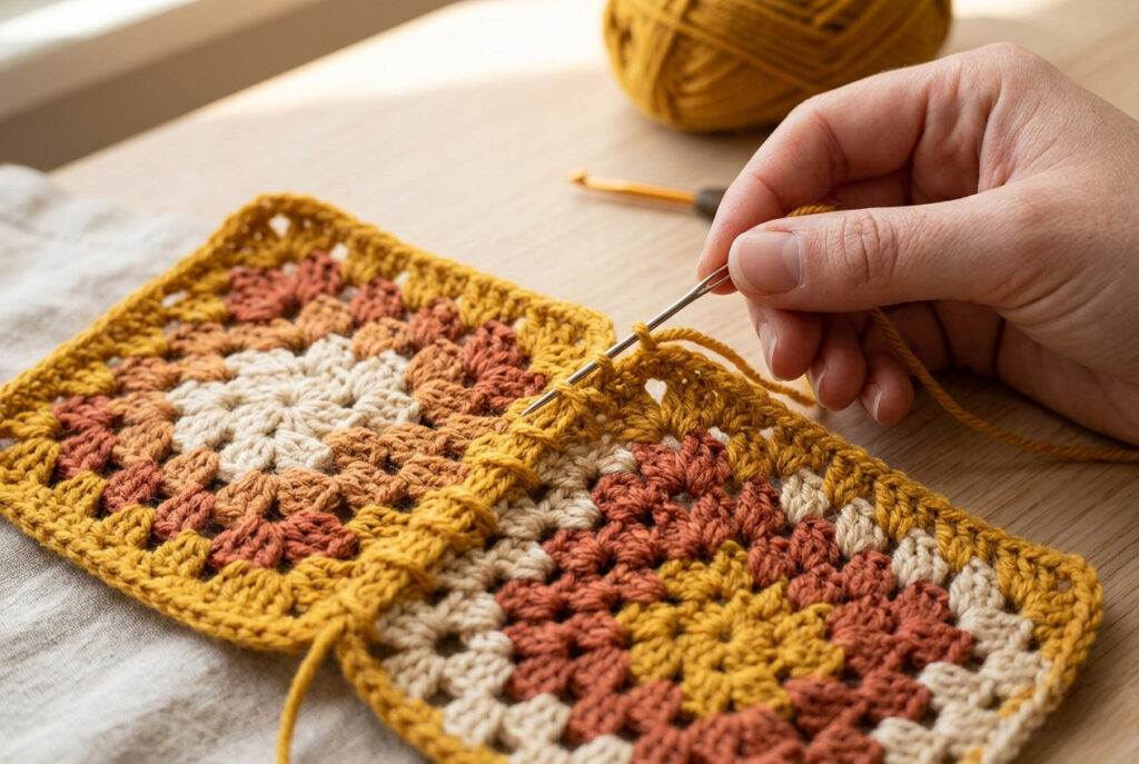 Crochet granny squares being joined with a whip stitch seam using a tapestry needle and matching yarn