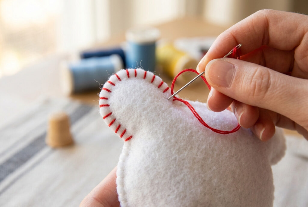 Whip stitch being sewn along the edge of a handmade felt stuffed toy with red thread and needle