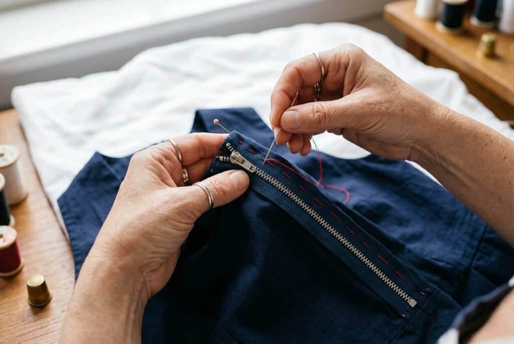 Hands carefully hand-basting a metal zipper onto the seam of a navy blue fabric garment using red contrasting thread before final stitching