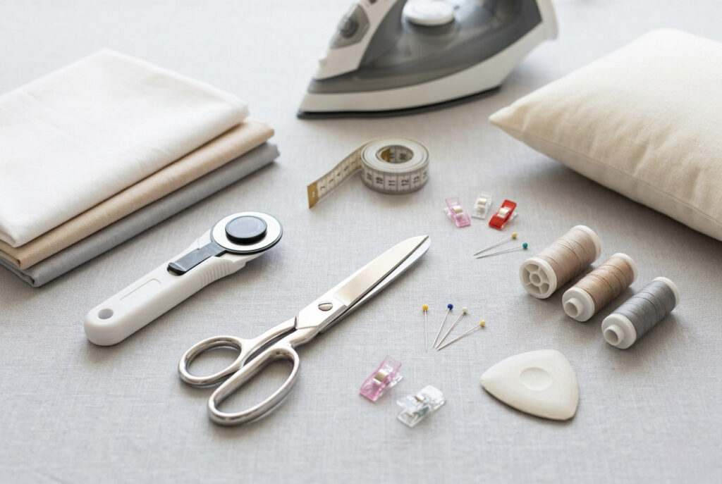 Flat lay of essential pillow sewing tools including fabric, scissors, rotary cutter, thread, pins, and a pillow form on a grey linen surface
