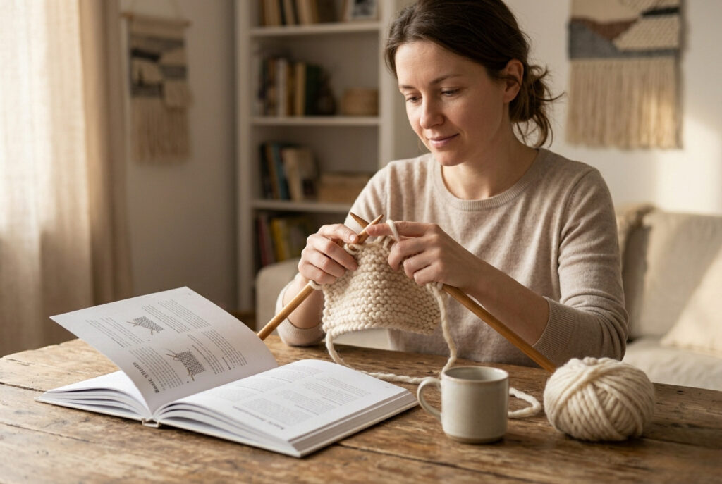 Beginner knitter practicing basic stitches at a cozy table with chunky cream yarn and large wooden knitting needles