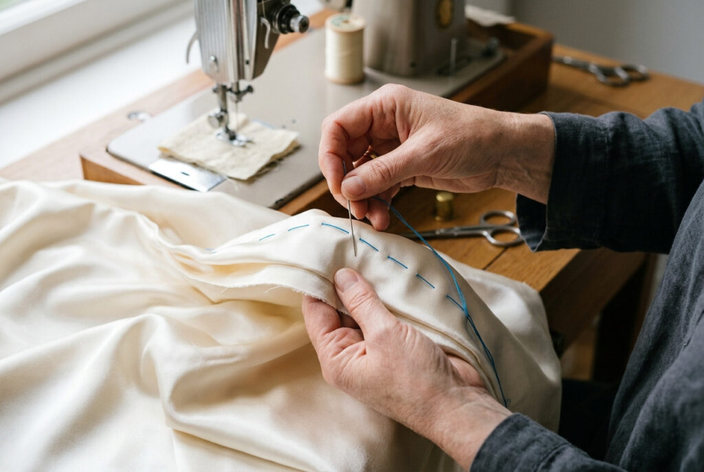 Hands carefully basting two layers of ivory silk satin fabric together with a hand needle and contrasting blue thread before machine sewing