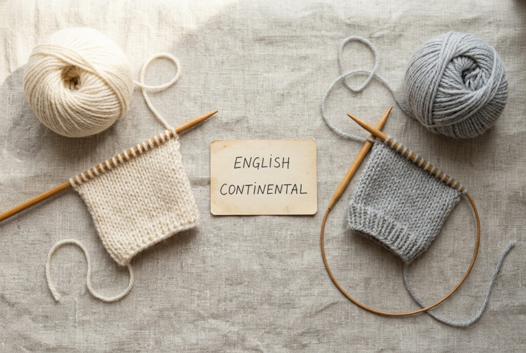 Flat lay comparison of English and Continental knitting setups showing different yarn holds and needle types side by side