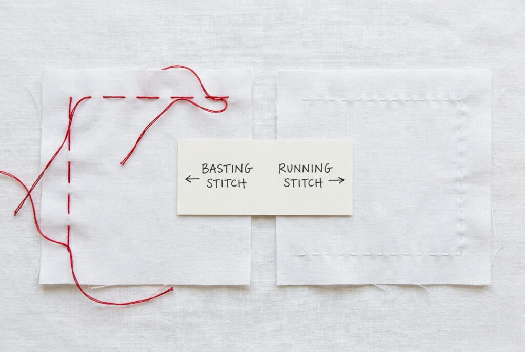 Two fabric swatches side by side showing the difference between a long basting stitch in red thread and a shorter permanent running stitch in matching thread