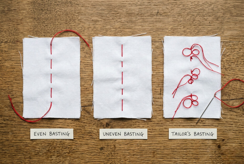 Three fabric swatches showing the three types of basting stitches — even basting, uneven basting, and tailor's basting — each labeled and stitched in red thread on white cotton