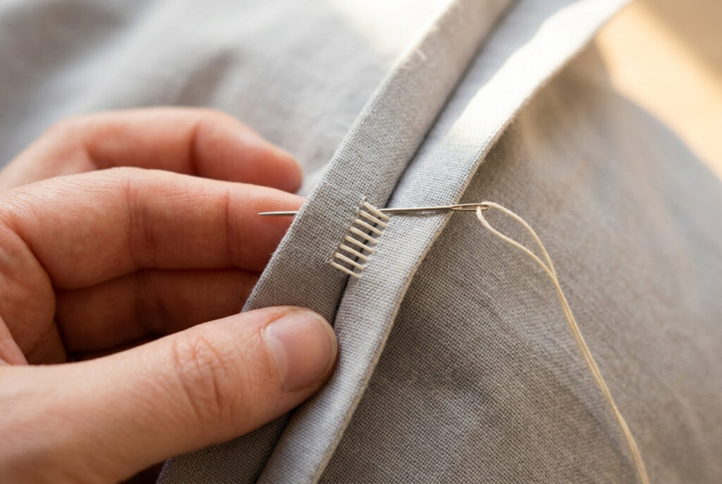 Close-up of a hand sewing a ladder stitch along the folded open edge of a grey cotton pillow cover to close the seam invisibly
