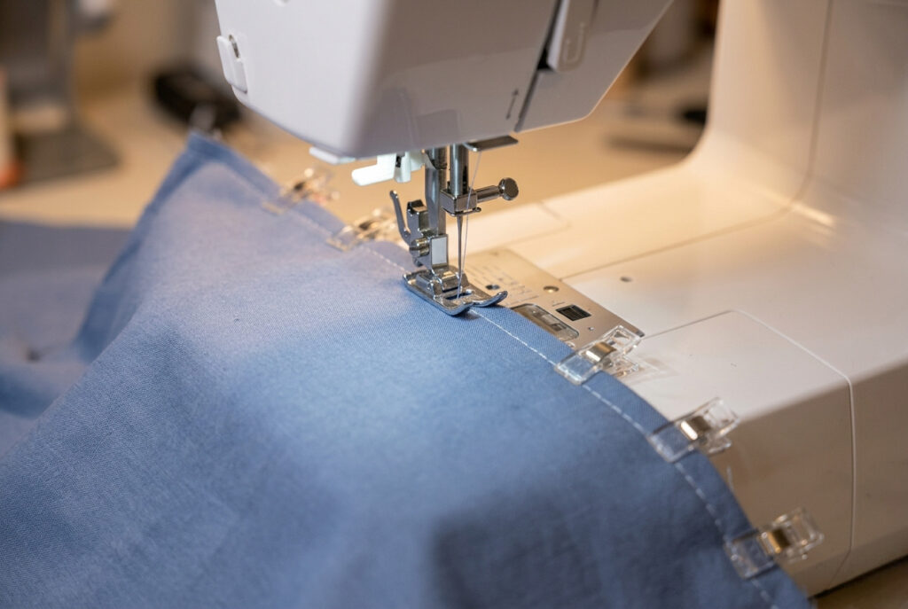 Close-up of a sewing machine stitching the edge of two pinned cotton fabric pieces together with a straight stitch for a pillow cover