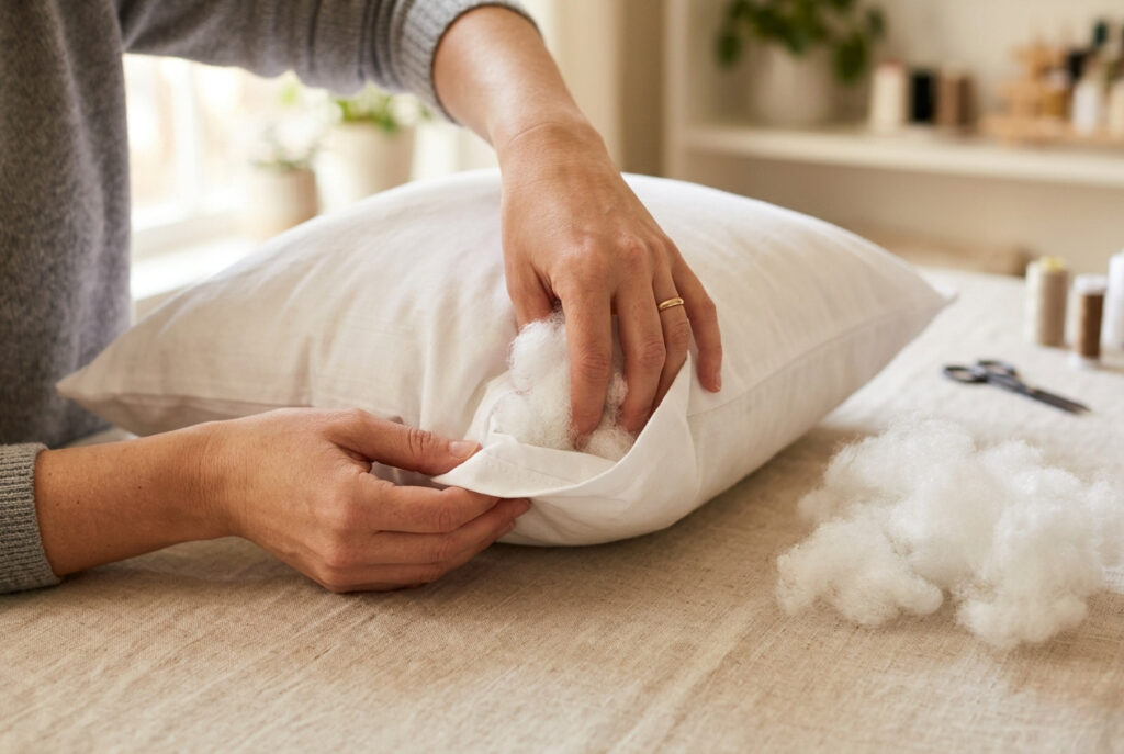 Hands stuffing polyester fiberfill into the corner of a white cotton pillow cover during the pillow-making process