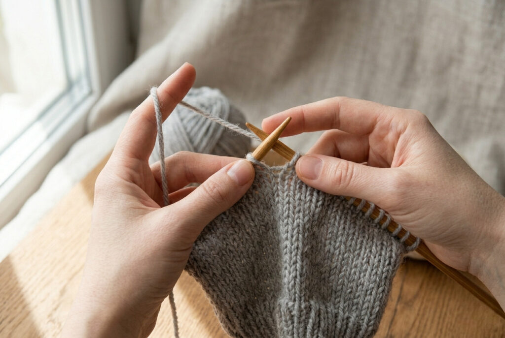 Knitter demonstrating Continental picking style with yarn tensioned in the left hand and right needle picking through the stitch