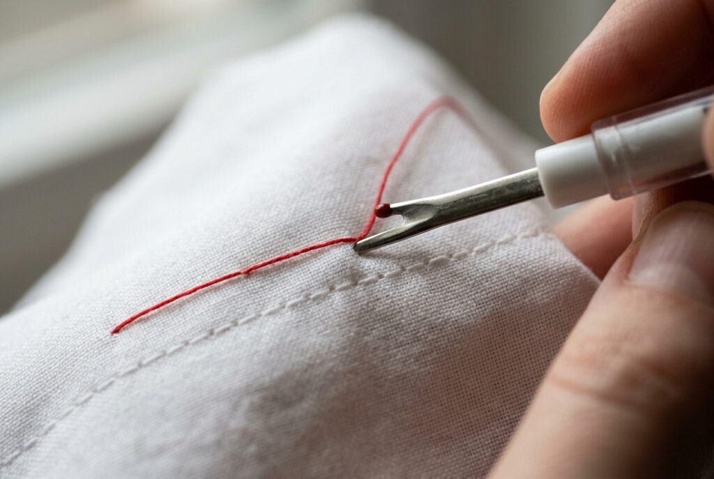 A close-up of a seam ripper being carefully slid under a red basting stitch on white fabric to remove it safely without damaging the permanent seam
