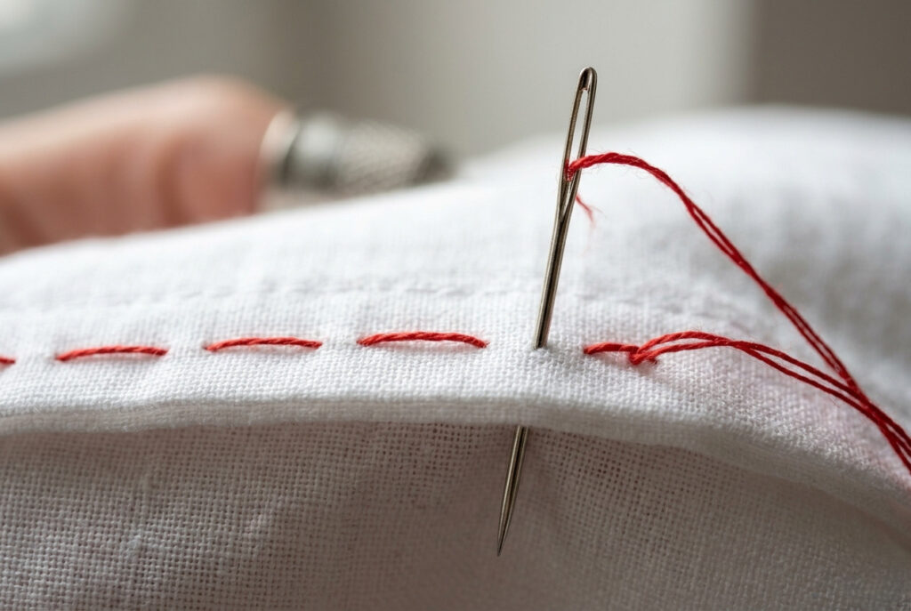 A close-up of a needle being pushed through white fabric mid-stitch, showing long evenly spaced basting stitches in red contrasting thread