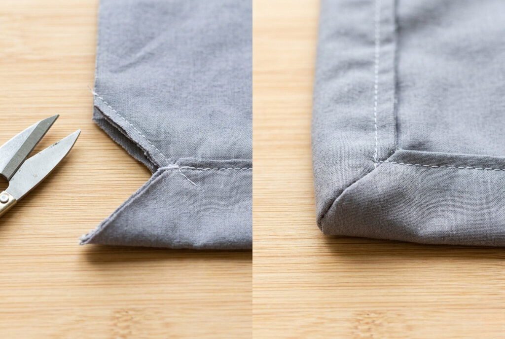 Close-up comparison of a trimmed fabric corner and an untrimmed bulky corner on a sewing project, showing the correct technique for cleaner pillow edges