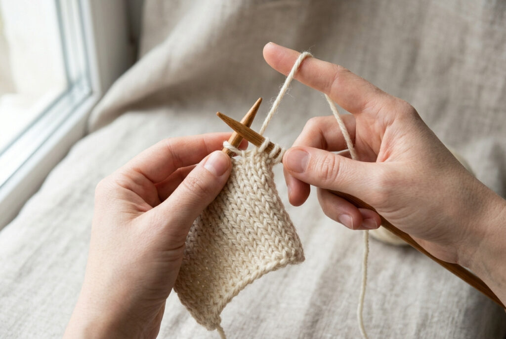 Knitter demonstrating English throwing style with yarn held and wrapped in the right hand around a knitting needle
